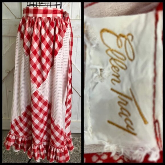 60's Vintage Ellen Tracy Red White Gingham Check Polka Dot Prairie Maxi Skirt - Picture 2 of 7